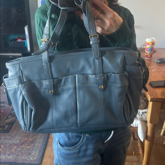 Italian Leather Blue Satchel Soft Pebbled Spring Shoulder Bag w/ Charm & Wallet - Picture 13 of 16